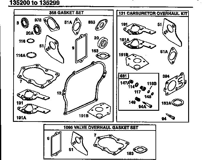 Carburetor Overhaul Kit/Valve Overhaul Gasket Set Diagram and Parts List for 135200-135299 0001-0013 Briggs and Stratton Engine